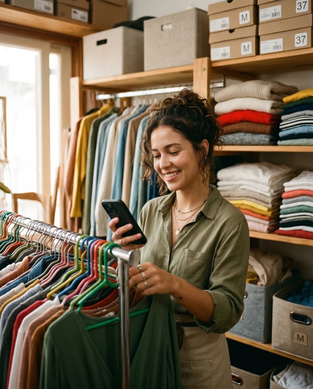 Lojista brasileira conferindo o estoque da loja de roupas pelo celular com o Stoqui
