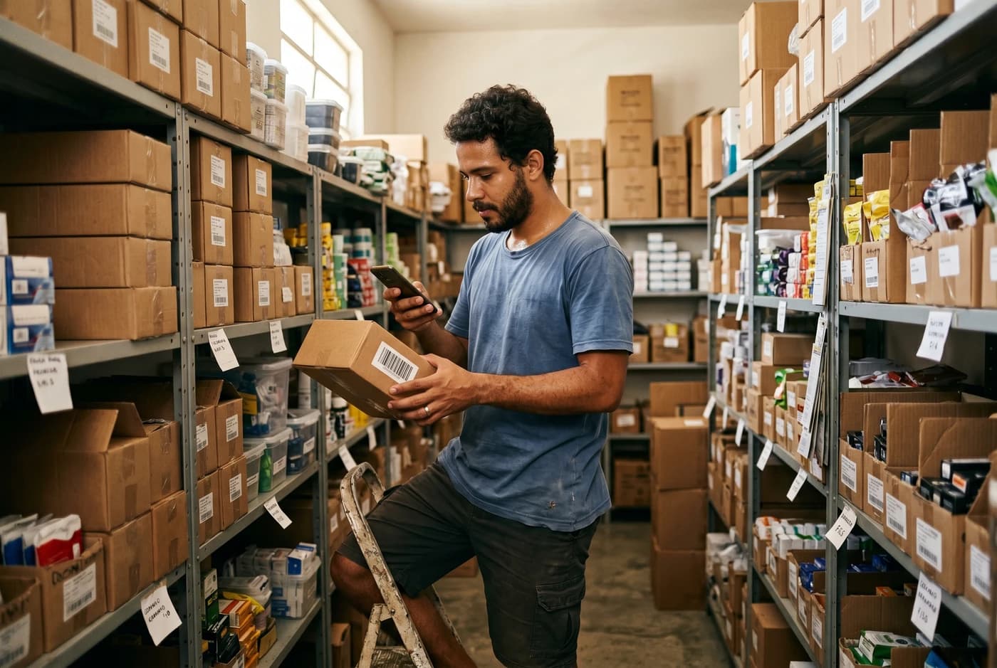 Lojista organizando e conferindo produtos nas prateleiras do estoque com o celular na mão