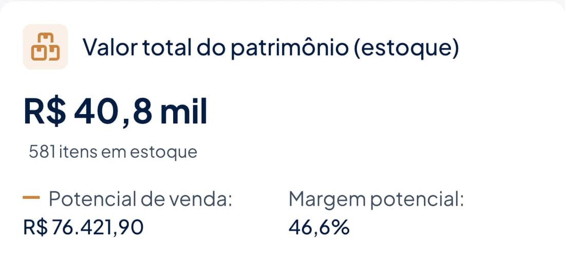 Cartão do Stoqui mostrando o valor total do patrimônio em estoque, o potencial de venda e a margem potencial