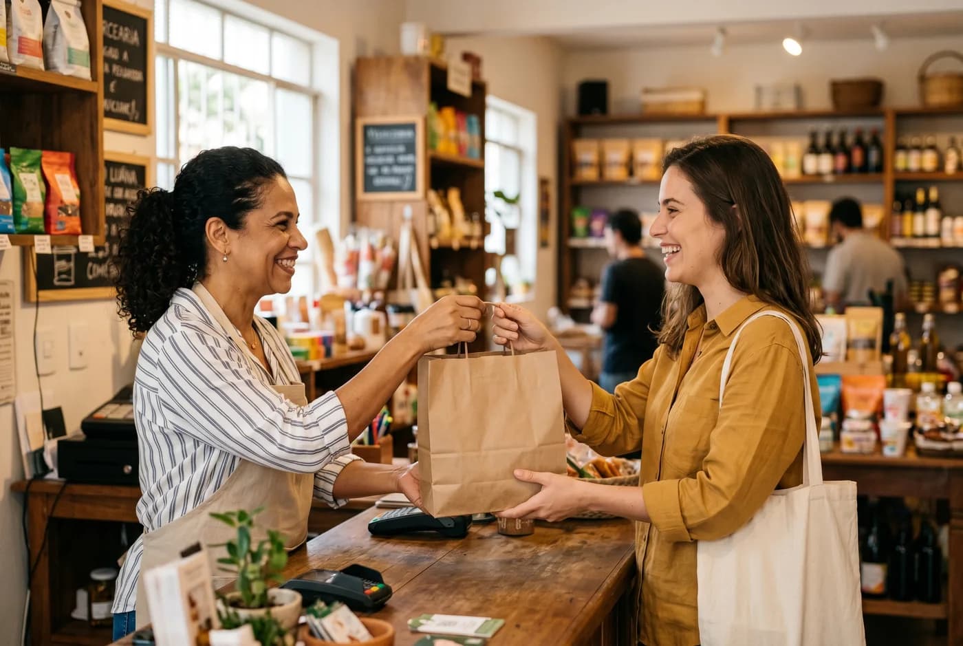 Lojista entregando a compra para a cliente no balcão de uma loja