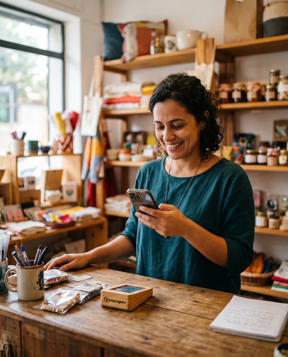 Lojista brasileira emitindo a nota fiscal pelo celular na sua loja
