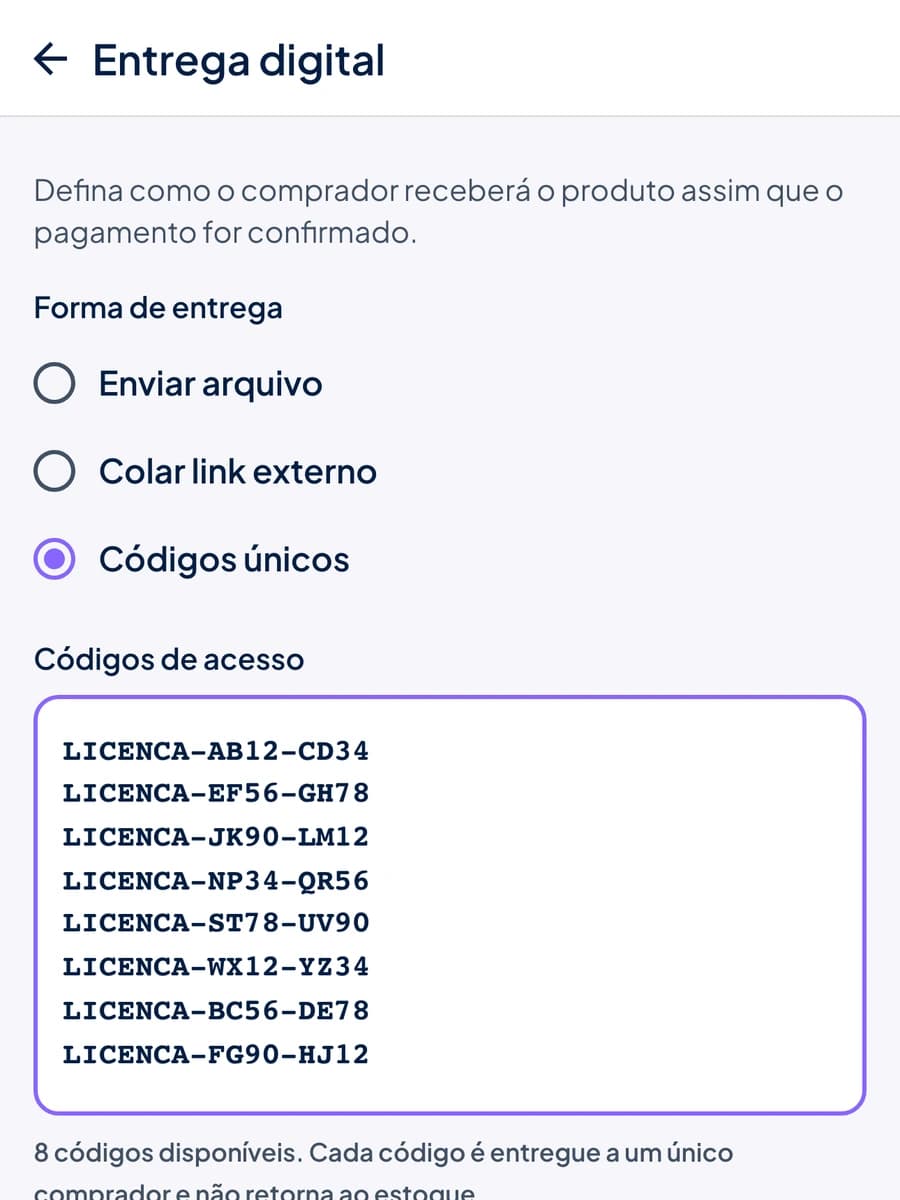 Tela de cadastro de códigos únicos no Stoqui com lista de licenças e contador de códigos disponíveis