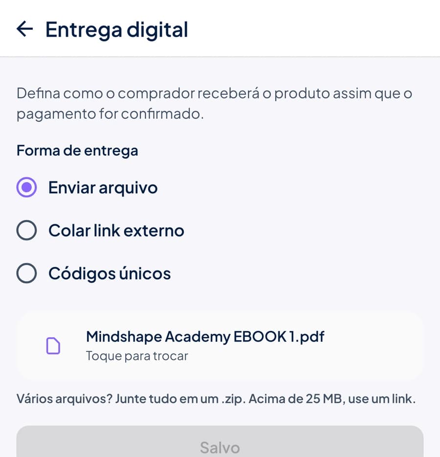 Tela Entrega digital do Stoqui com as formas Enviar arquivo, Colar link externo e Códigos únicos