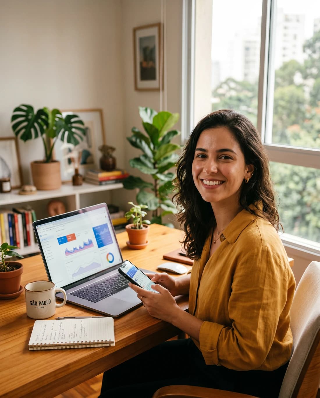 Criadora de produtos digitais vendendo pelo Stoqui em seu escritório em casa