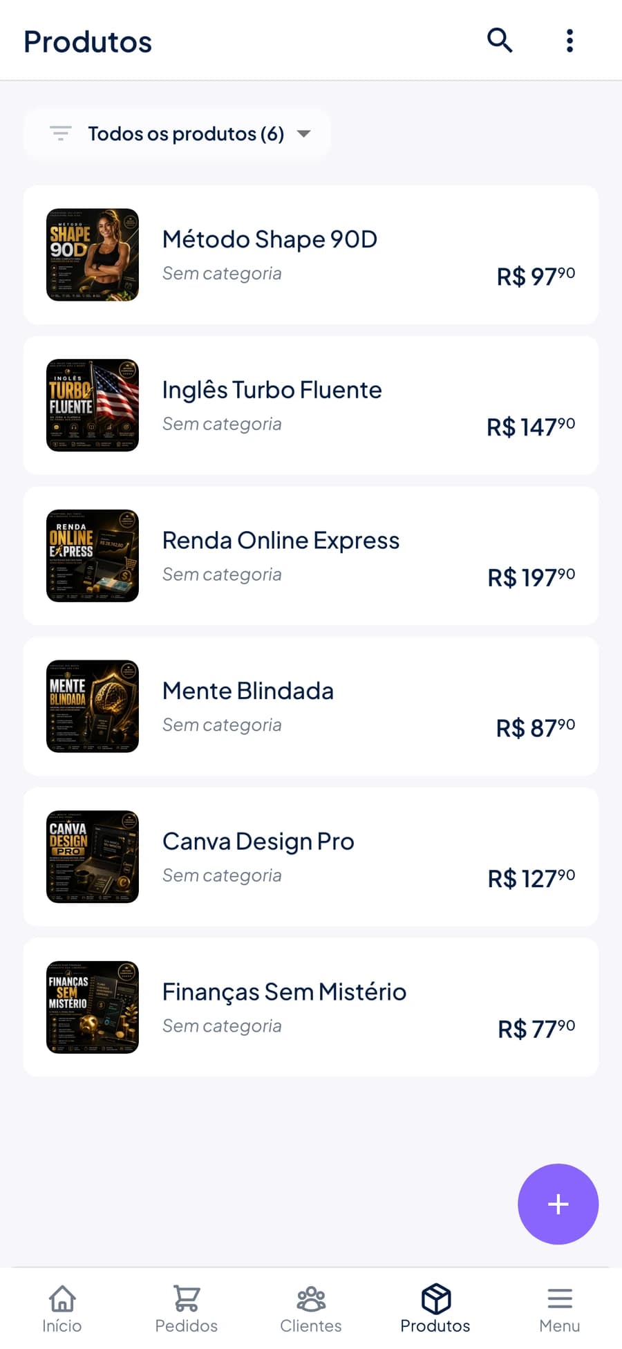 Lista de infoprodutos na loja Mindshape dentro do app do Stoqui