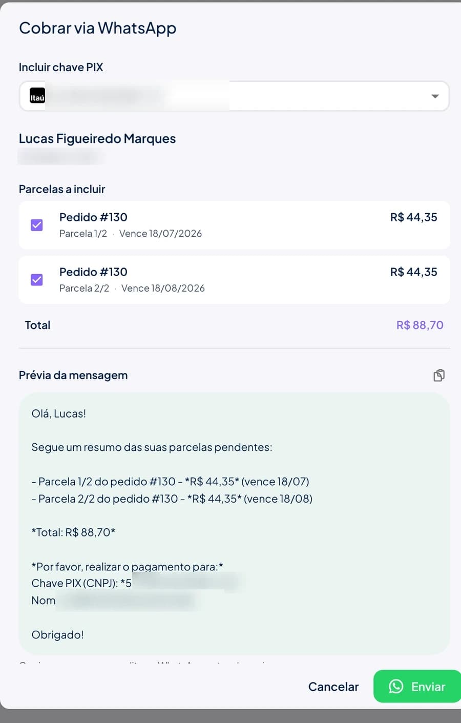 Modal Cobrar via WhatsApp do Stoqui com a prévia da mensagem de cobrança, parcelas pendentes e chave PIX