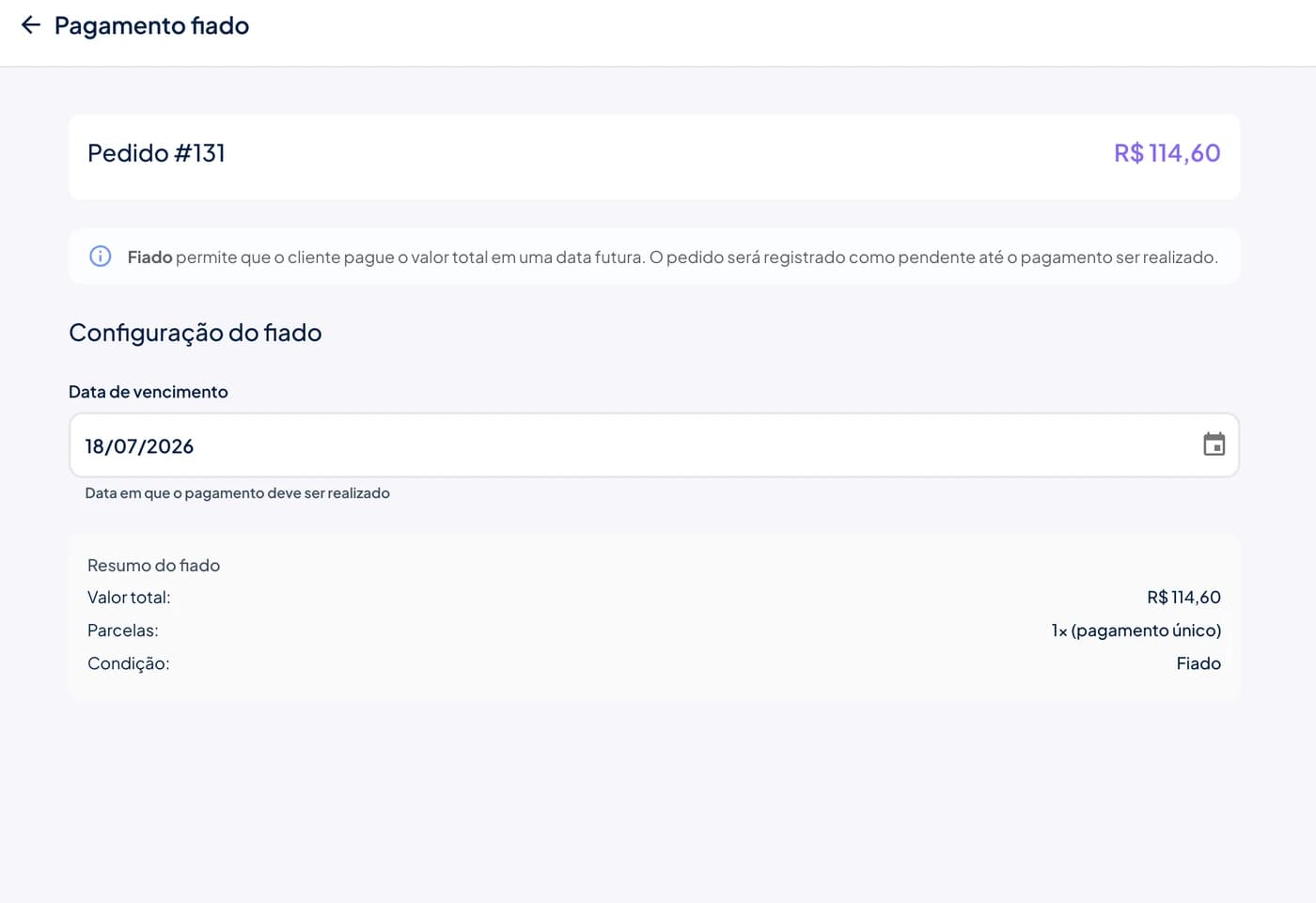 Tela de configuração do fiado no Stoqui com a data de vencimento e o resumo do fiado