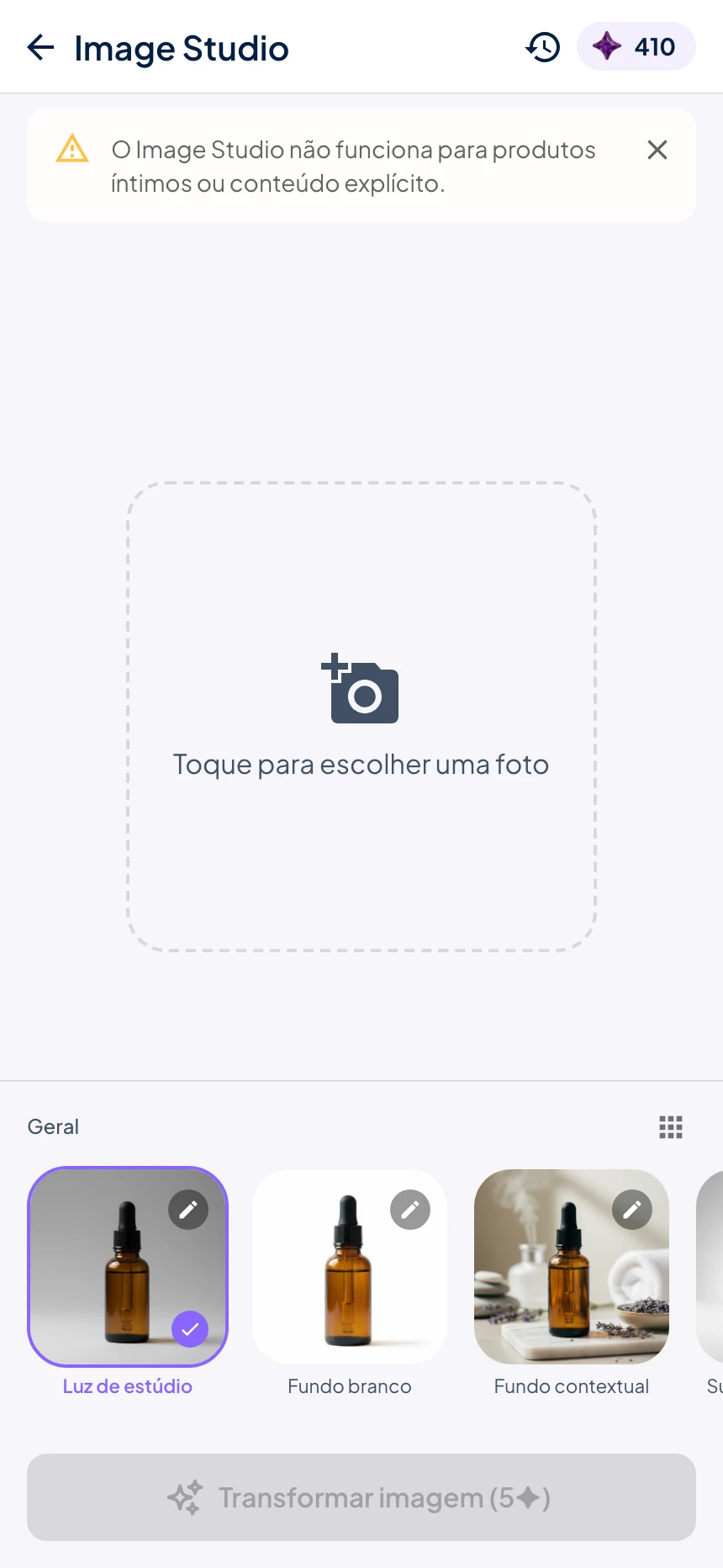 Tela do Image Studio no app do Stoqui com a área para escolher a foto, os estilos e o botão Transformar imagem