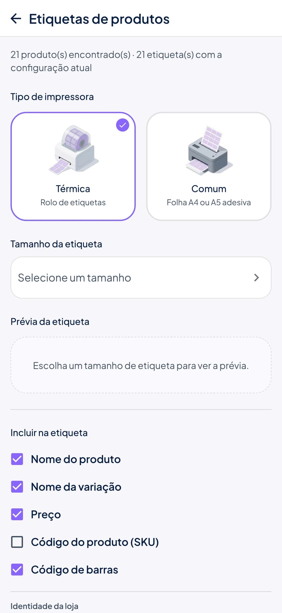 Tela do Stoqui com o seletor de tipo de impressora, mostrando as opções térmica de rolo e impressora comum de folha A4 ou A5