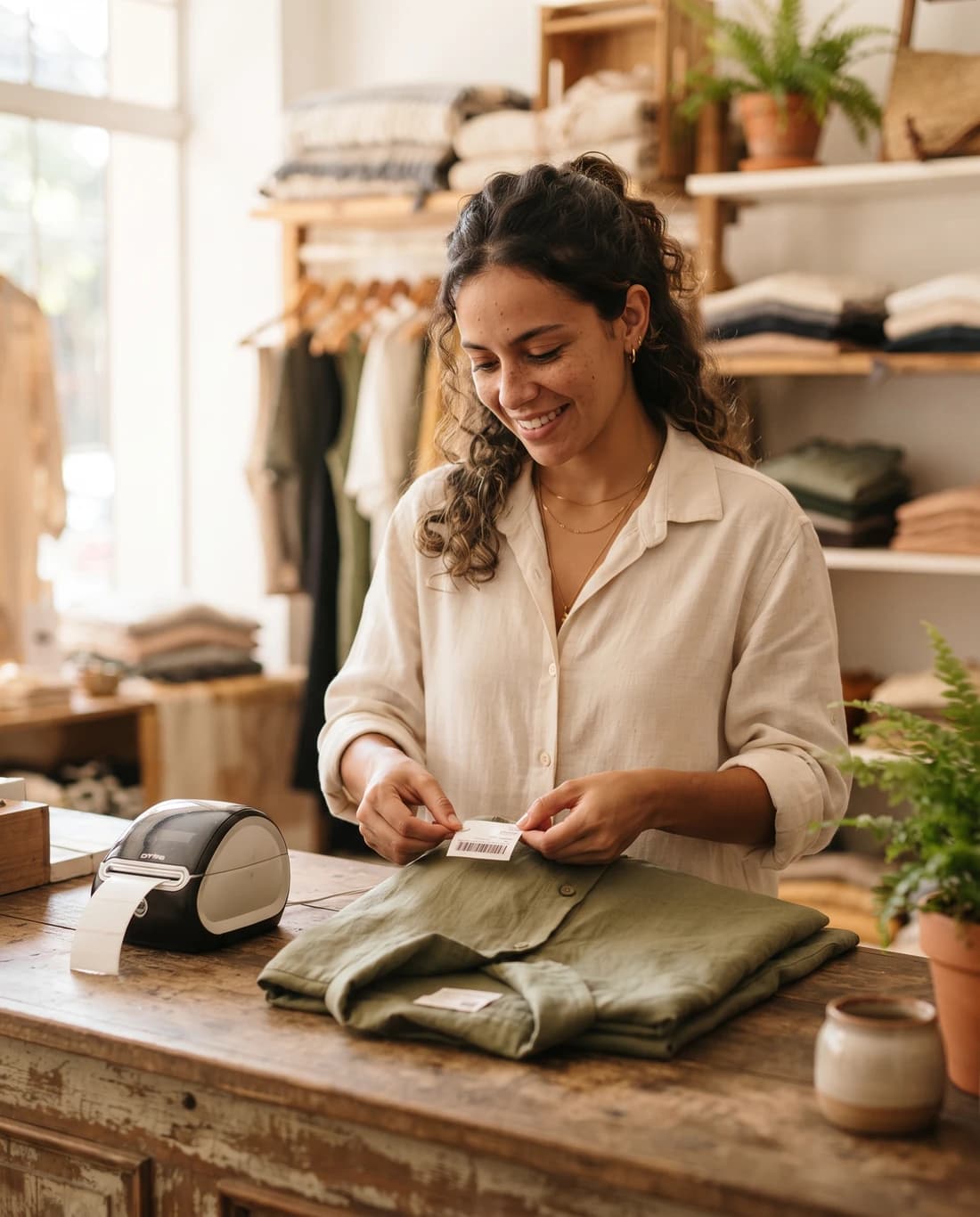 Lojista de uma loja de roupas colando uma etiqueta com código de barras em uma peça, com a impressora térmica de etiquetas no balcão