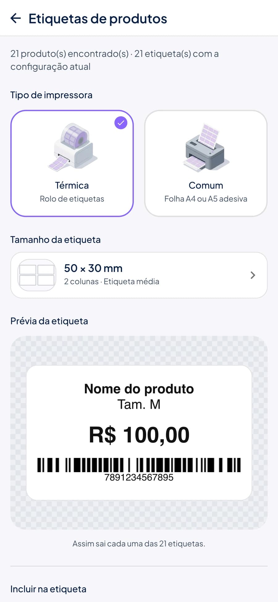 Prévia de uma etiqueta de produto no Stoqui com nome, variação, preço e código de barras
