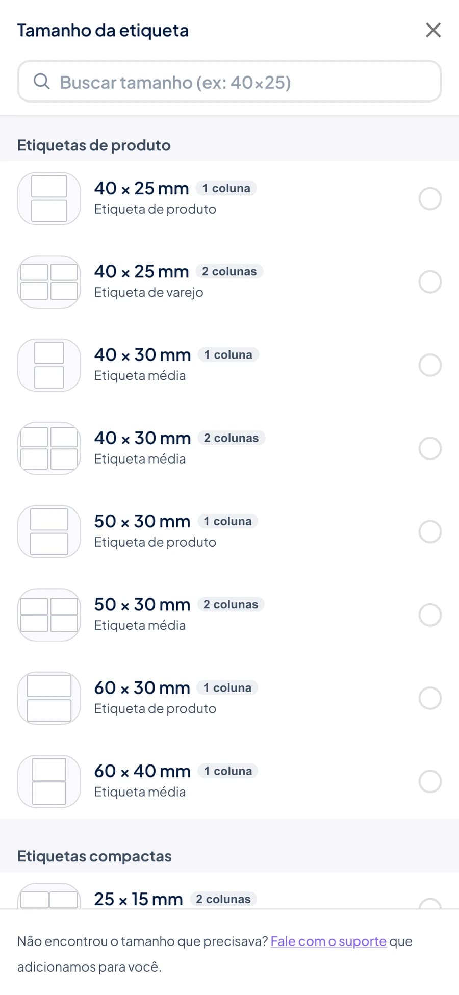 Tela do Stoqui com a lista de tamanhos de etiqueta, mostrando as etiquetas de produto de 40 × 25 mm, 50 × 30 mm e outras