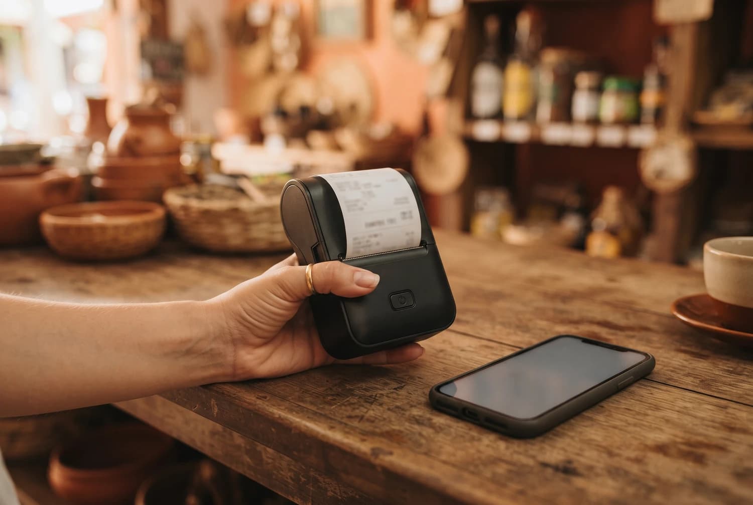 Mão segurando uma mini impressora térmica Bluetooth imprimindo um recibo ao lado do celular no balcão da loja