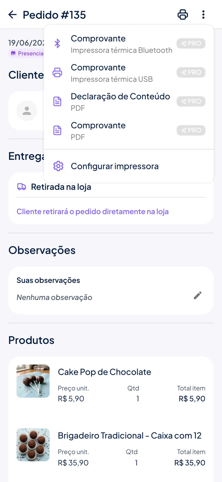 Menu de impressão do Stoqui em um pedido, mostrando comprovante por impressora térmica Bluetooth, USB e PDF