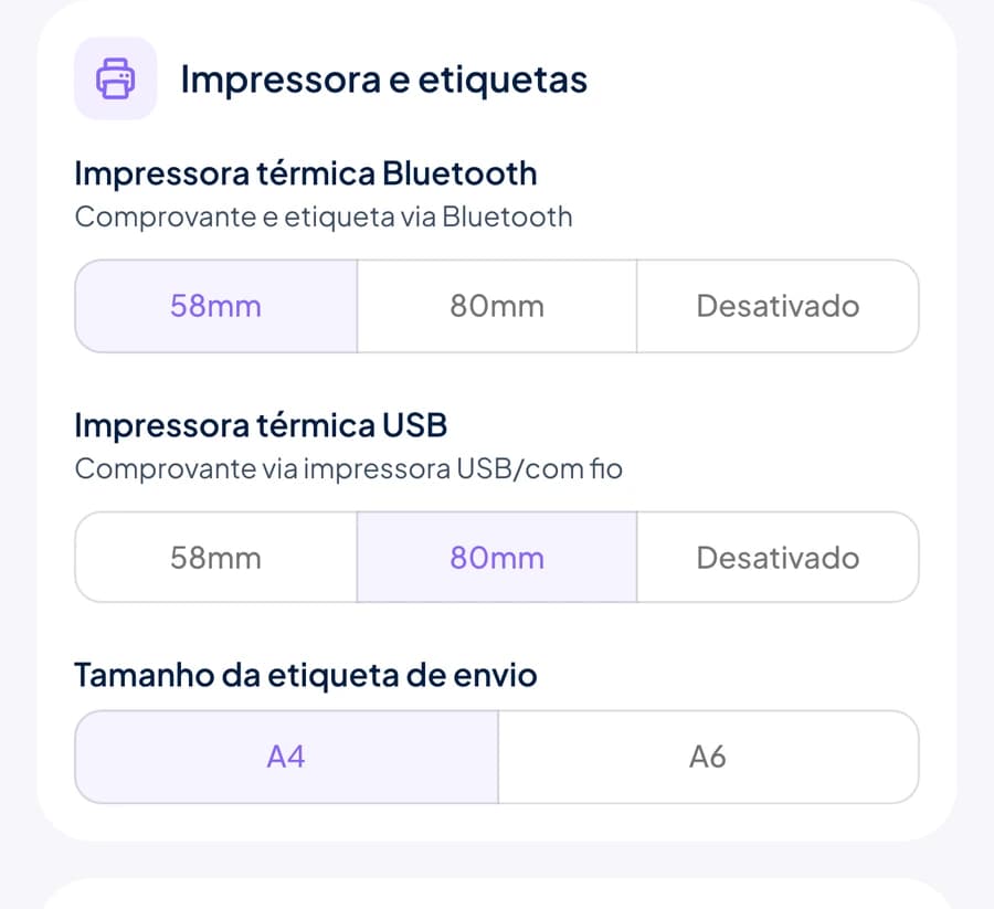 Configurações de impressora do Stoqui com a impressora Bluetooth em 58mm e a impressora USB em 80mm selecionadas