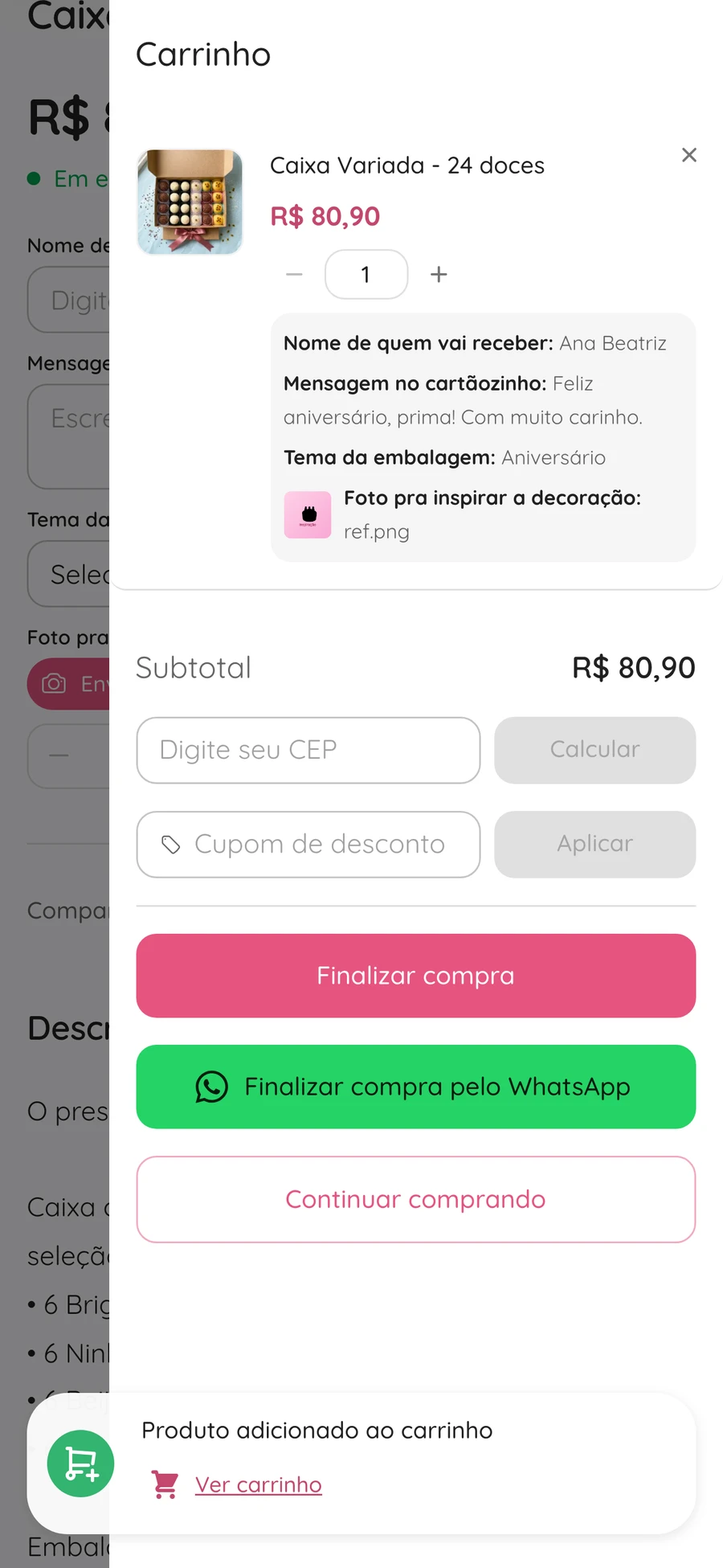 Carrinho da loja com o item Caixa Variada e a personalização: nome, mensagem, tema e foto enviada pelo cliente