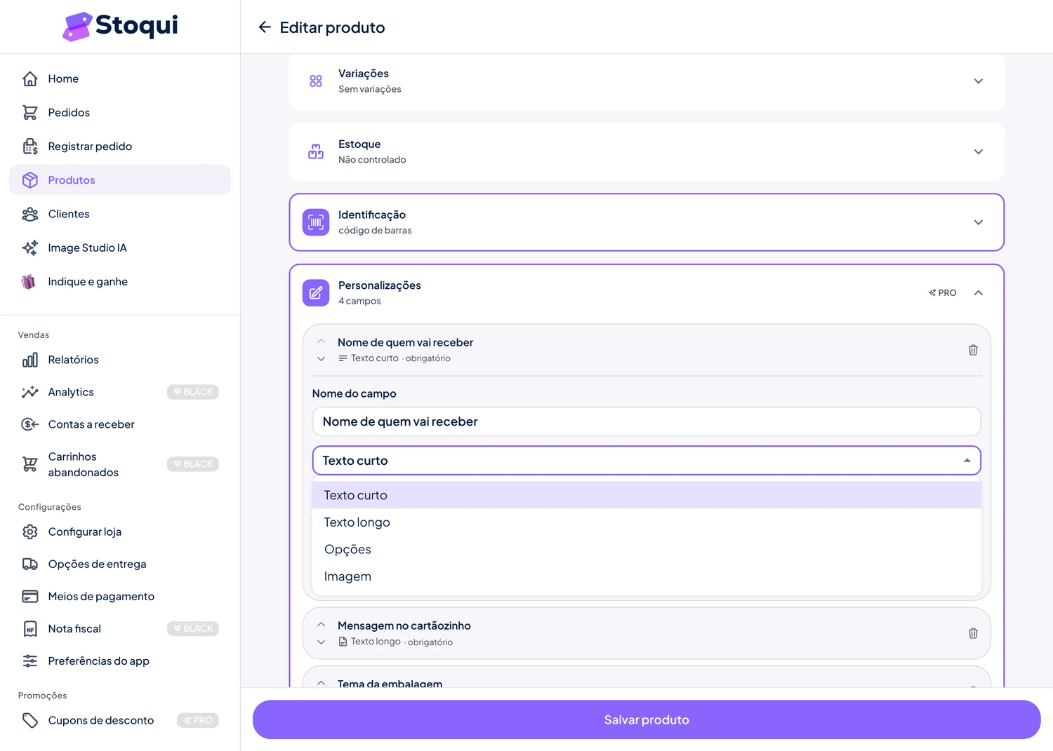 Editor de campo de personalização no Stoqui com nome do campo, tipo (texto curto, texto longo, opções, imagem), limite de caracteres e a opção campo obrigatório
