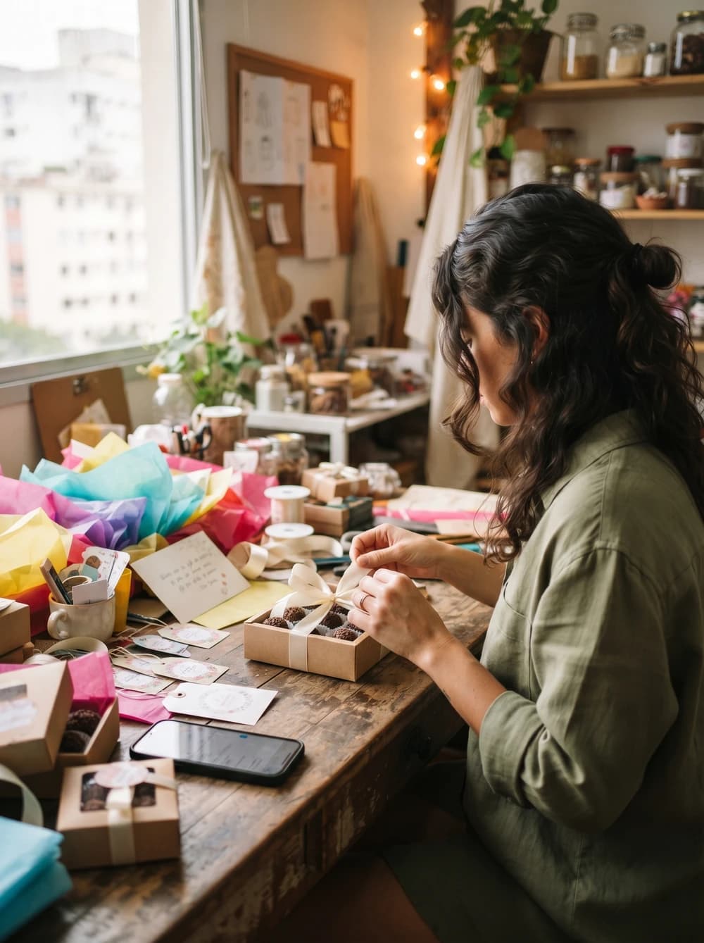 Empreendedora brasileira embalando uma caixa de doces personalizada no seu ateliê em São Paulo