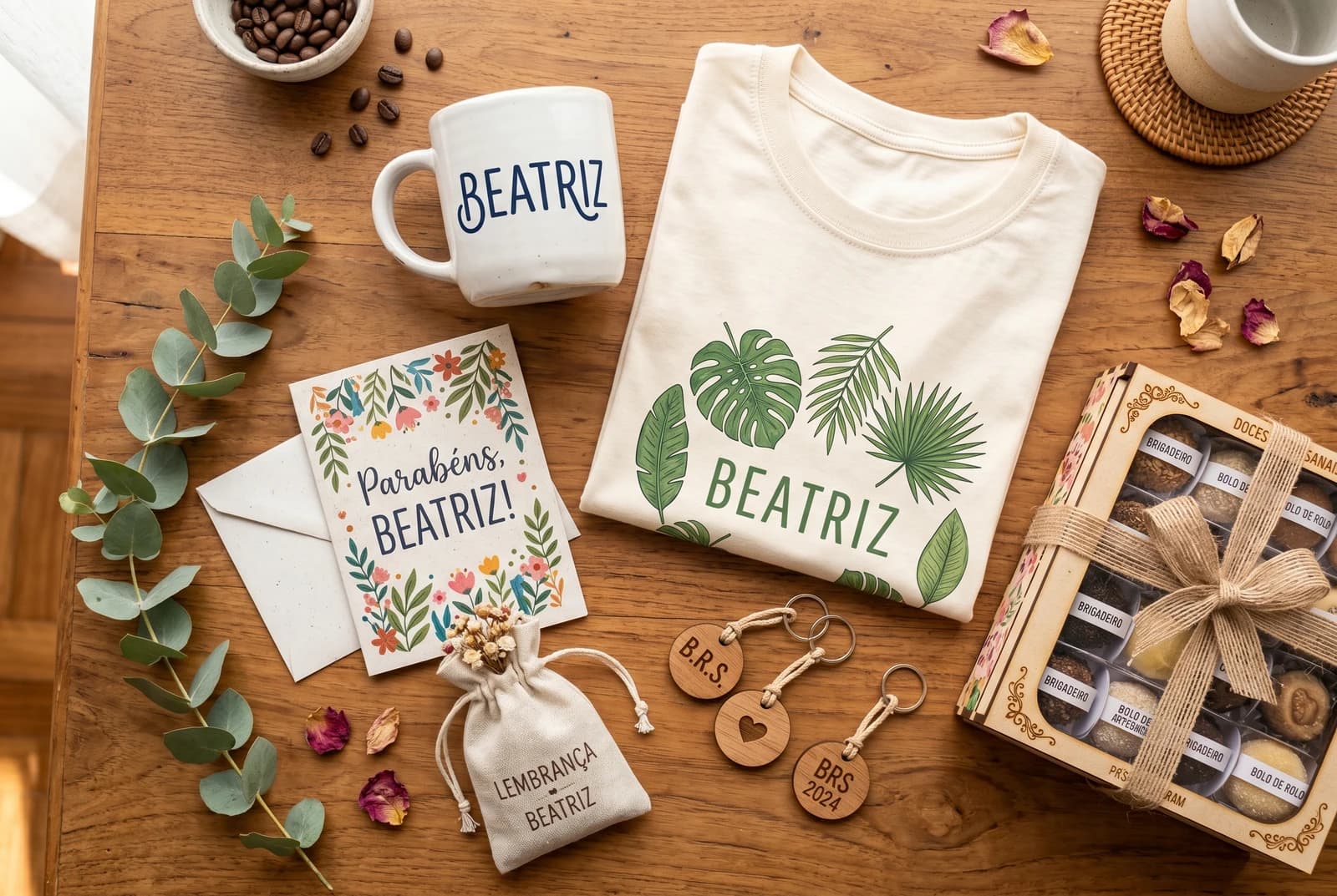 Variedade de produtos personalizados com nome: caneca, camiseta, cartão, lembrancinhas e caixa de doces