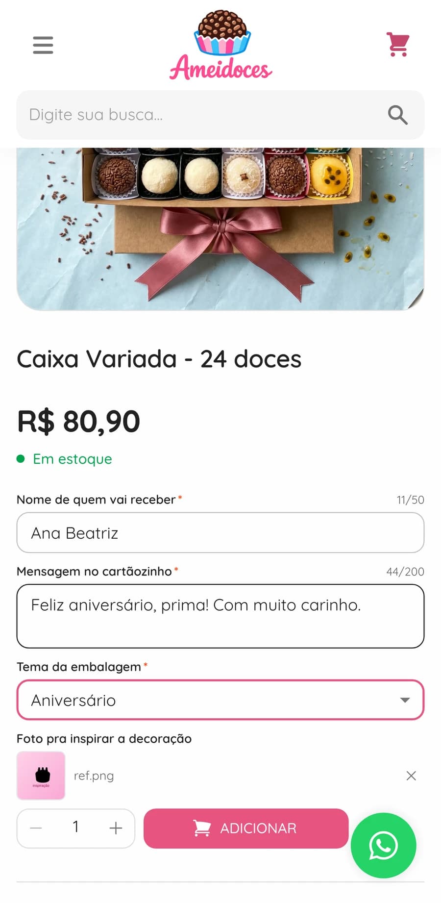 Campos de personalização na loja: nome, mensagem, tema e envio de foto