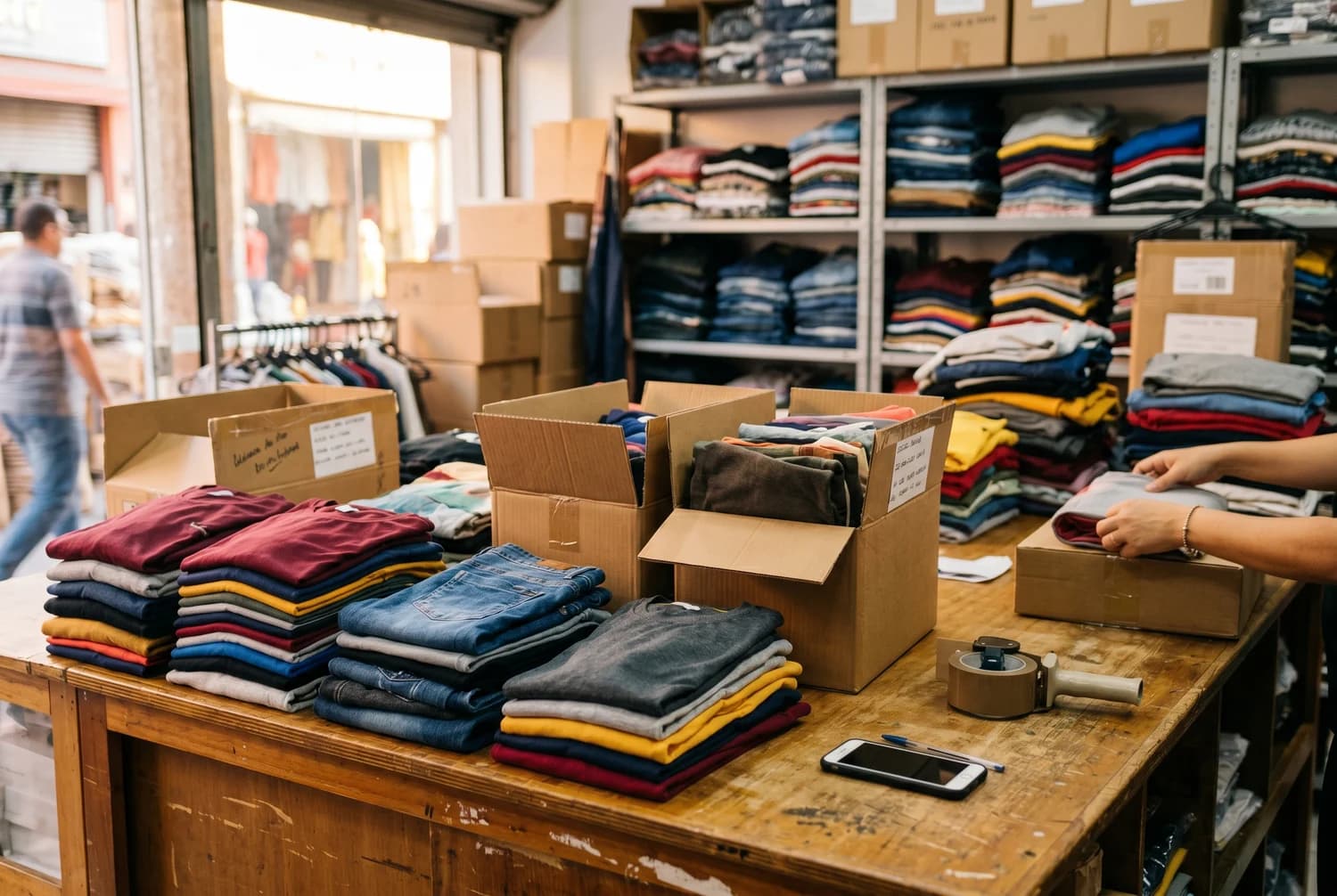 Balcão de loja de roupas no atacado com peças organizadas e caixas prontas para enviar um pedido grande