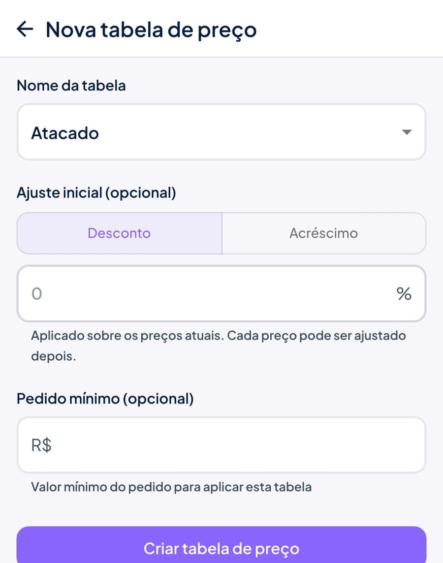 Tela Nova tabela de preço do Stoqui com nome Atacado, ajuste inicial de desconto e pedido mínimo