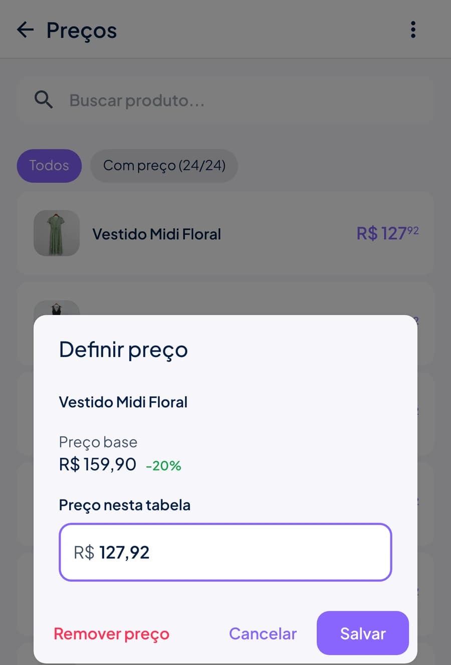 Modal Definir preço do Stoqui com preço base R$ 159,90, desconto de 20% e preço da tabela R$ 127,92