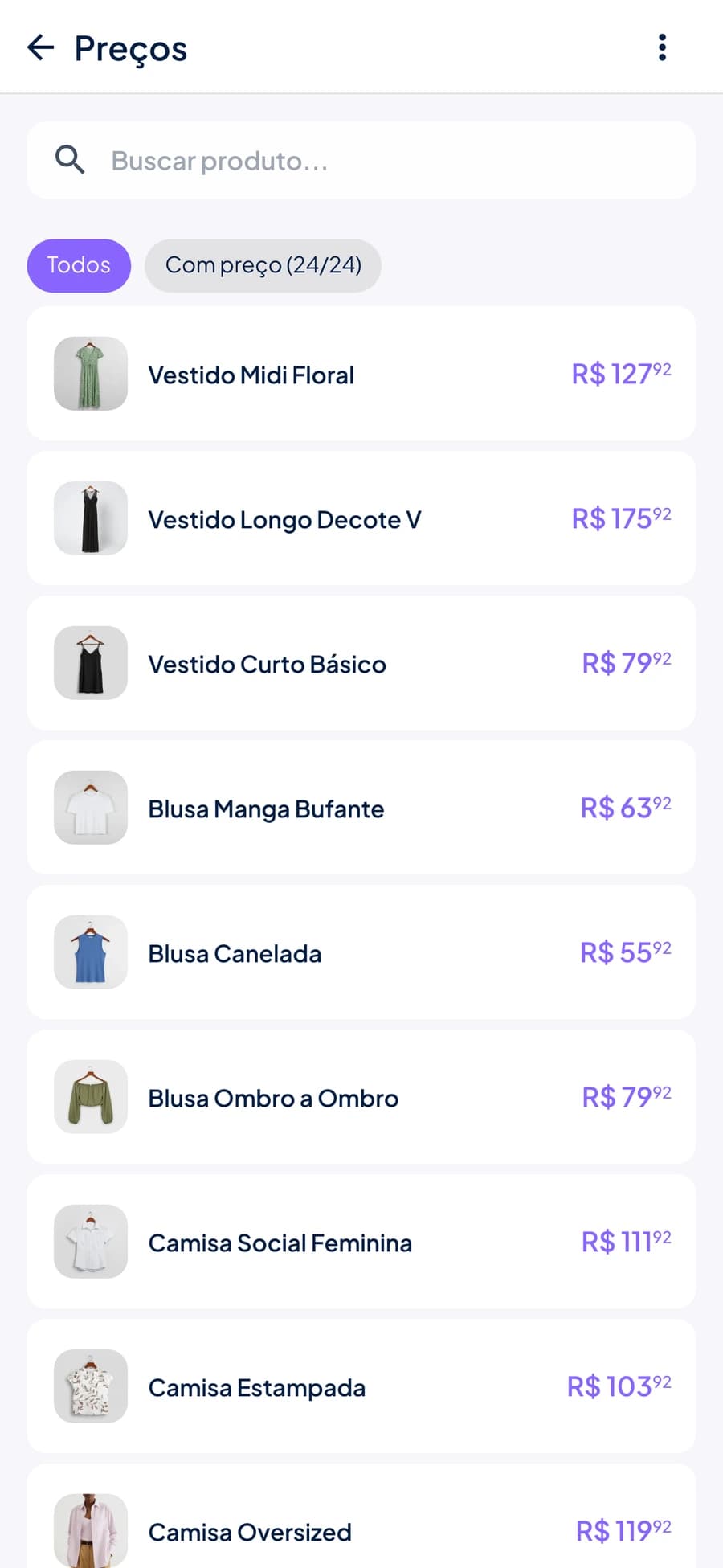 Tela de preços da tabela Atacado no Stoqui com a lista de produtos e os preços de atacado