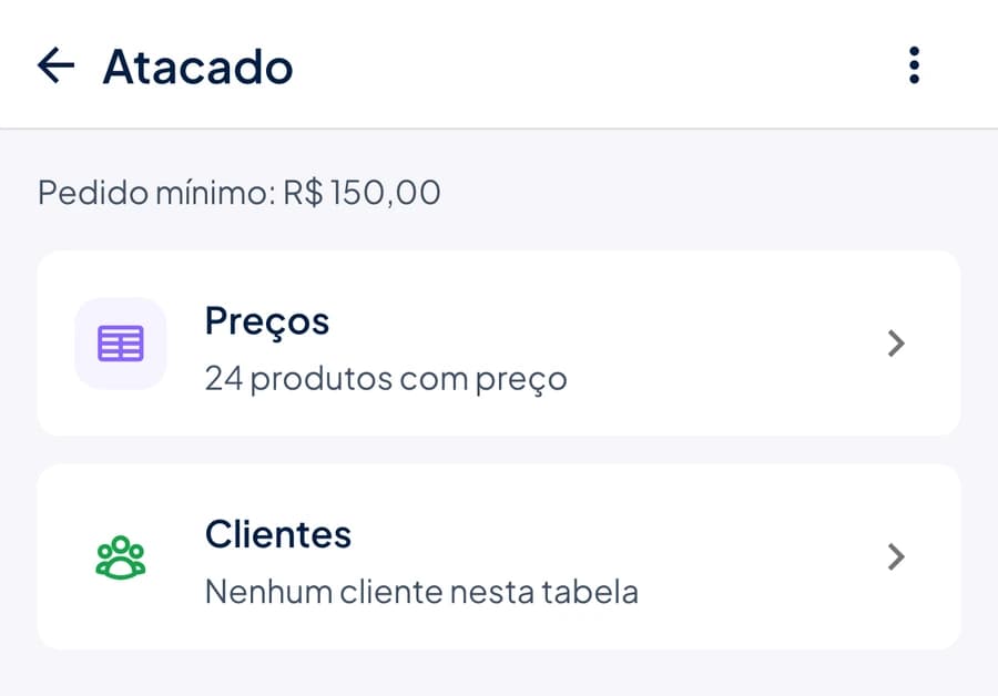 Tela da tabela Atacado no Stoqui com pedido mínimo, quantidade de produtos com preço e clientes