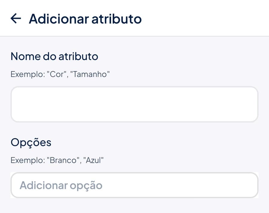 Tela Adicionar atributo no app do Stoqui com os campos Nome do atributo e Opções para criar variações