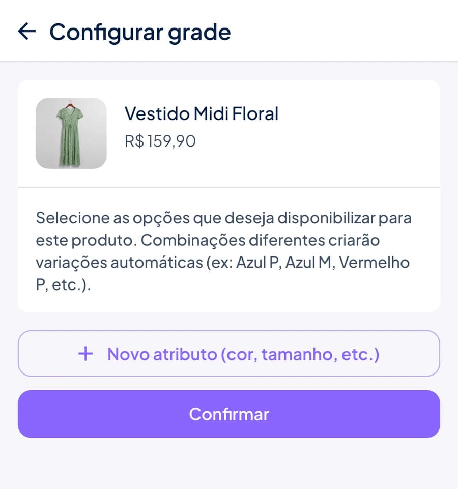 Tela Configurar grade no app do Stoqui mostrando que combinações diferentes criam variações automáticas