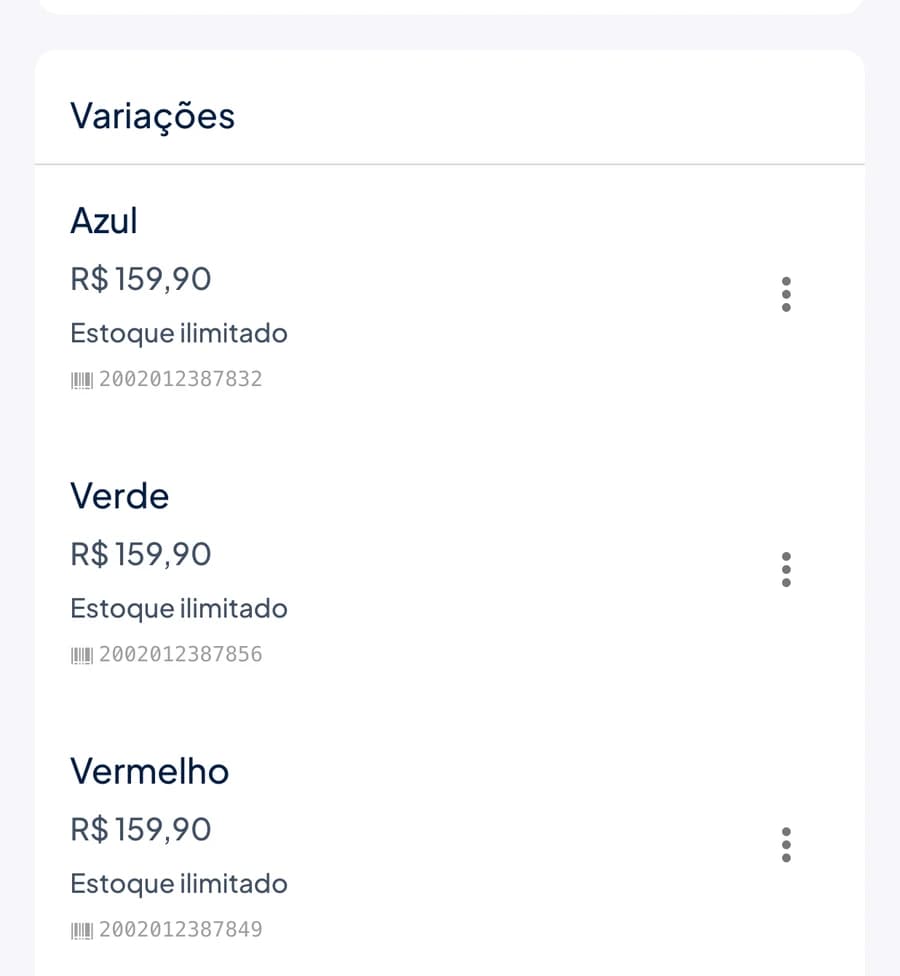 Lista de variações de um produto no app do Stoqui, cada cor com preço, estoque e código de barras próprios