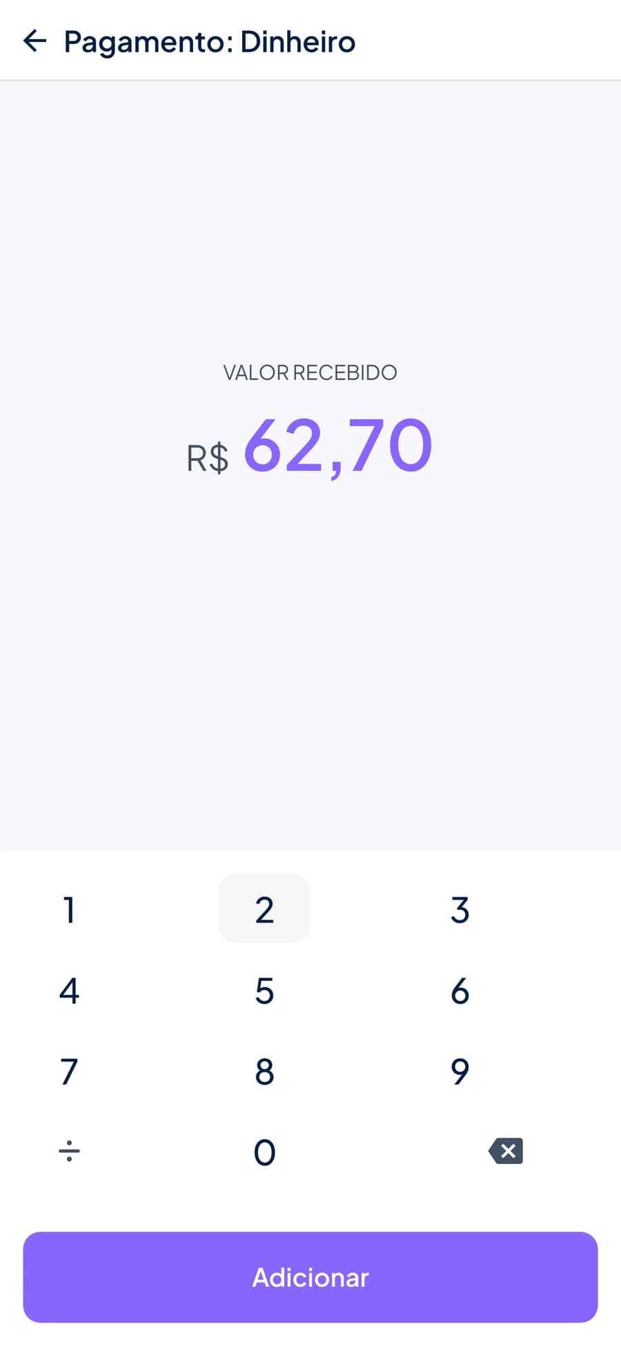 Tela de pagamento em dinheiro do Stoqui com o valor recebido e o teclado numérico para calcular o troco