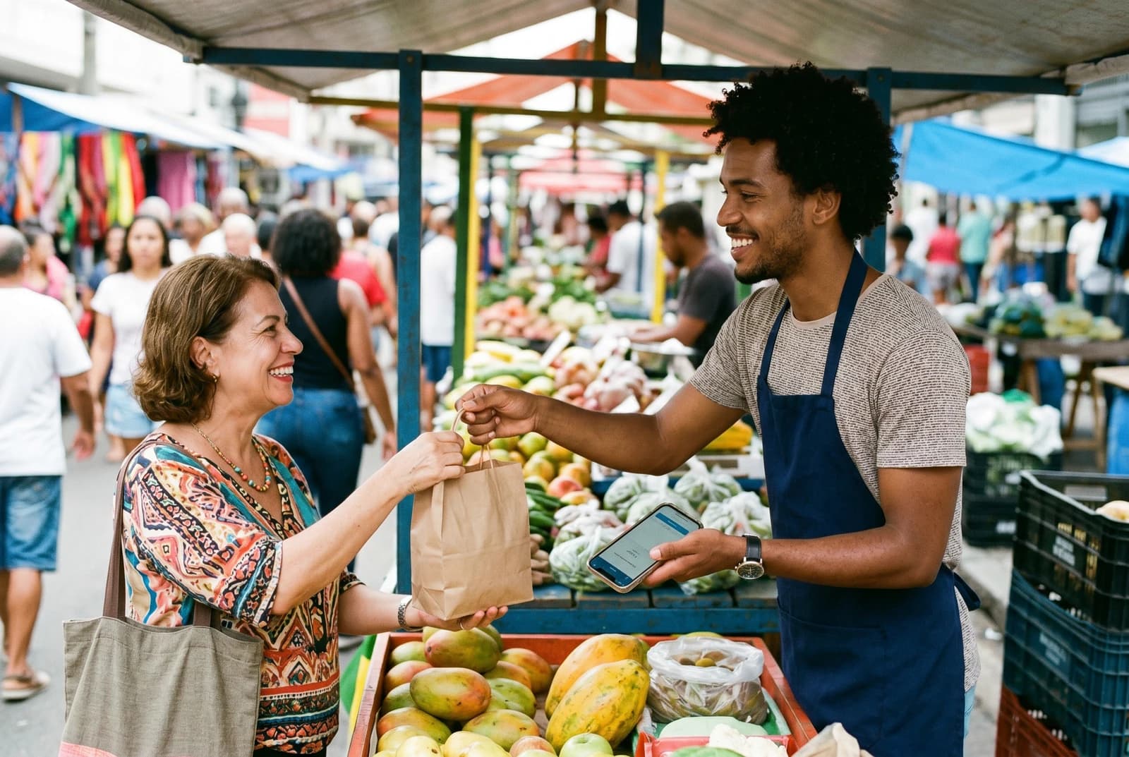 Vendedor brasileiro atendendo um cliente na feira e registrando a venda pelo celular