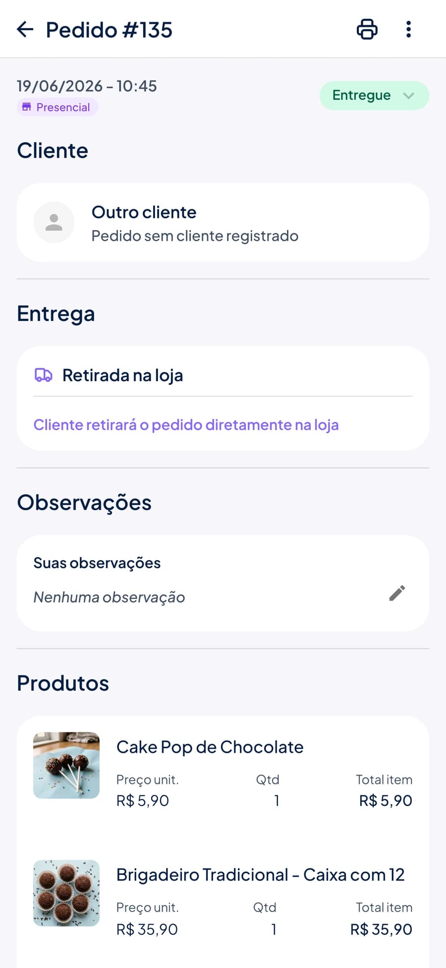 Pedido presencial finalizado no Stoqui com a etiqueta Presencial e os itens vendidos
