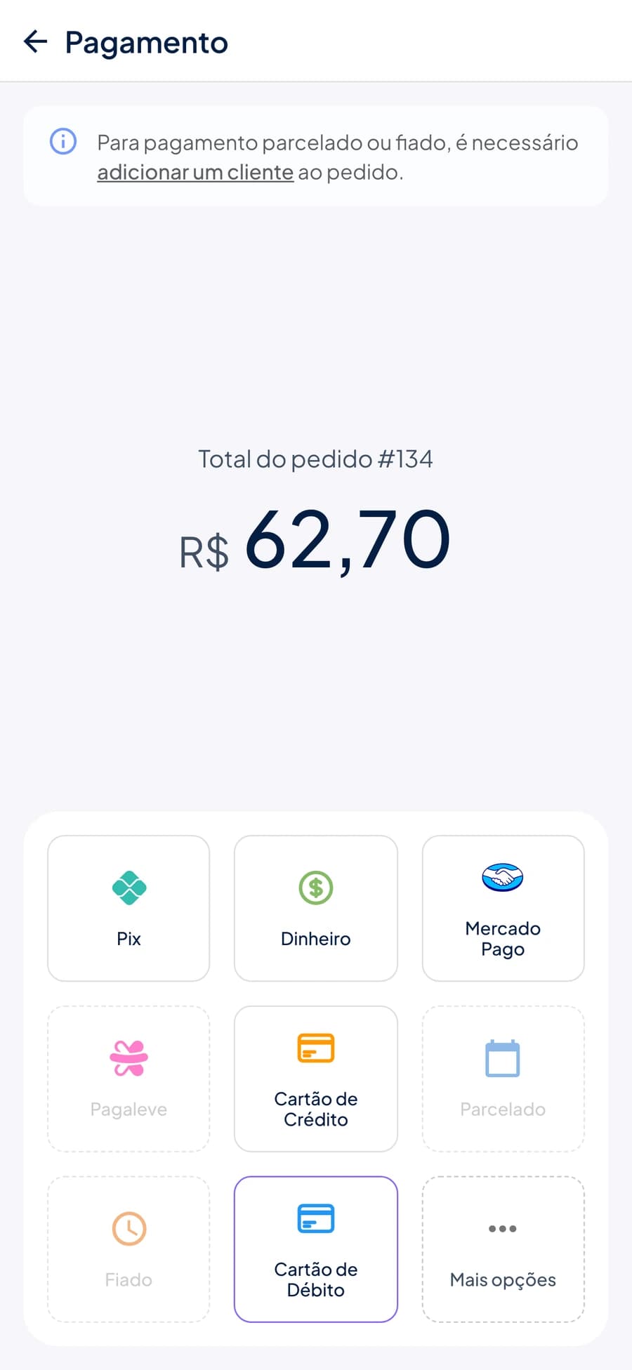 Tela de seleção de pagamento do PDV do Stoqui com Pix, dinheiro, cartão, fiado e parcelado