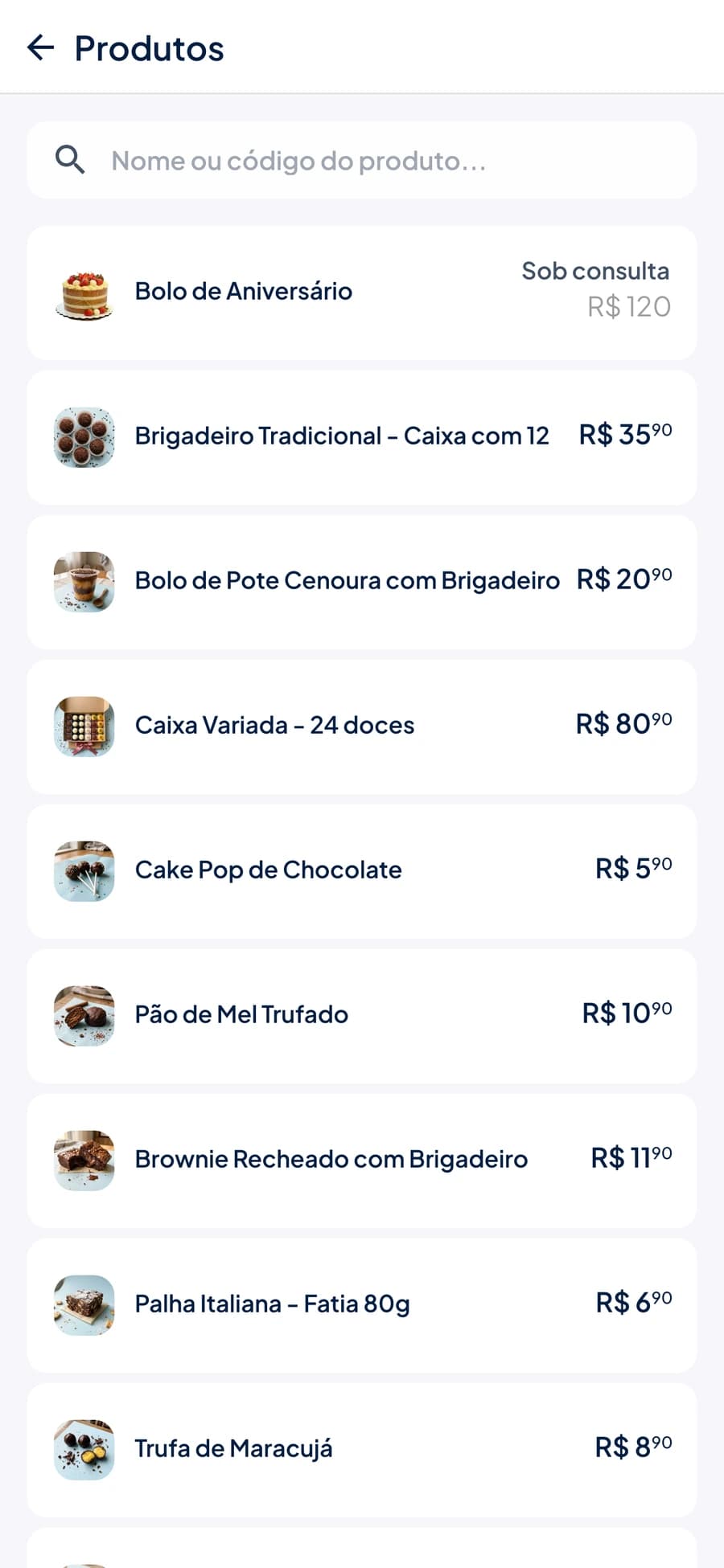 Tela de produtos do PDV do Stoqui com o campo de busca por nome ou código do produto