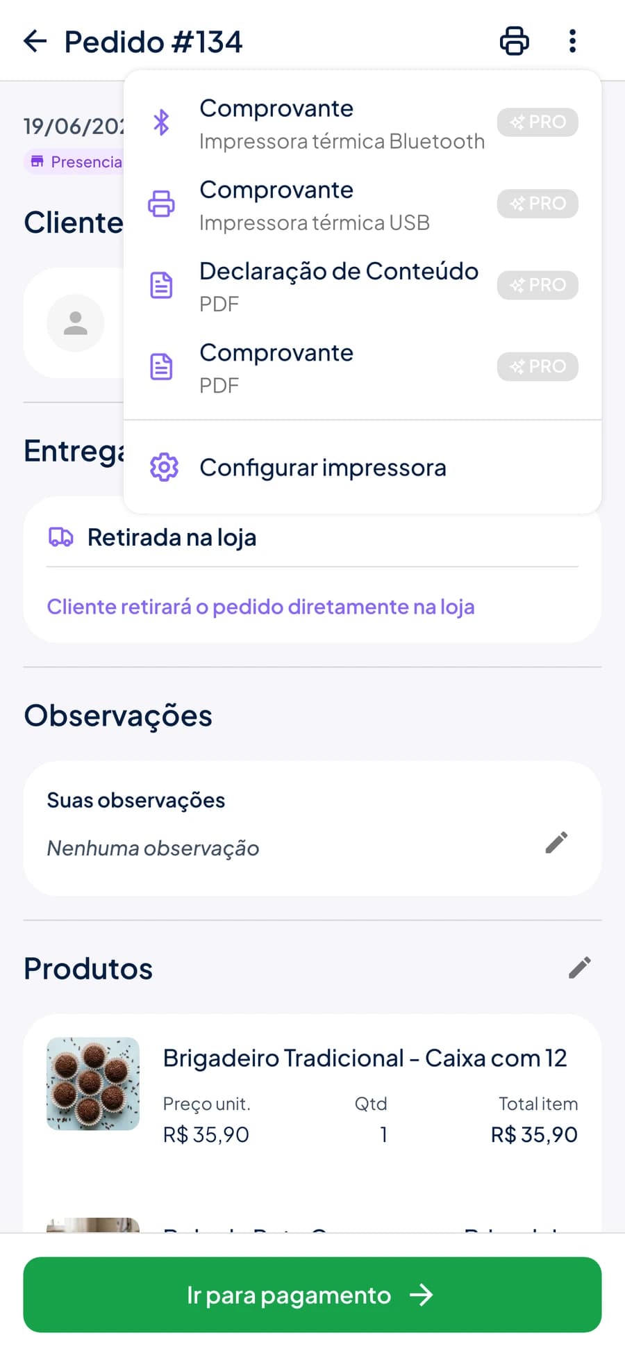 Menu do Stoqui para enviar o comprovante por impressora térmica Bluetooth, USB ou PDF