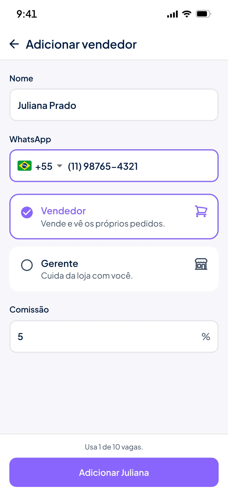 Tela Adicionar vendedor do Stoqui com nome, WhatsApp, papel Vendedor ou Gerente e comissão de 5%