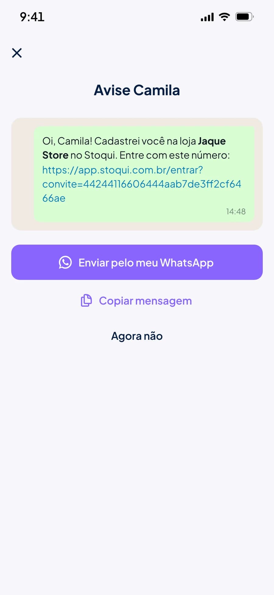 Mensagem pronta para avisar a vendedora, com os botões Enviar pelo meu WhatsApp e Copiar mensagem