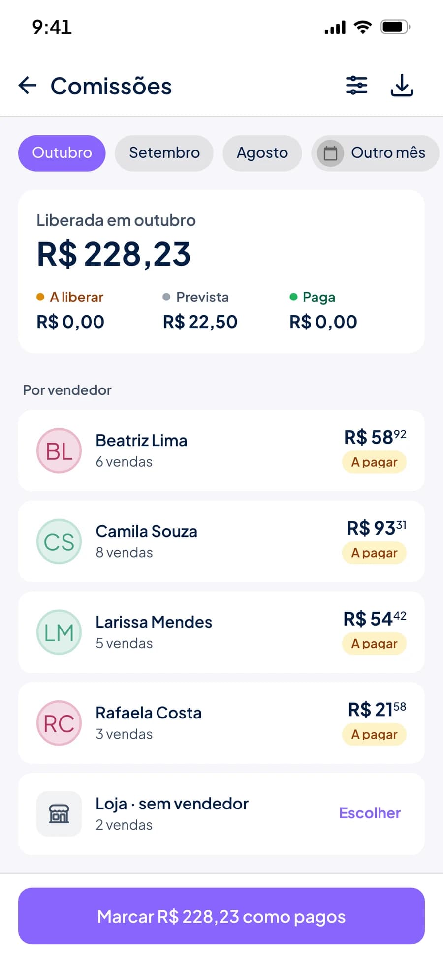 Tela Comissões do Stoqui com o valor liberado no mês, a comissão de cada vendedor e o botão Marcar como pagos