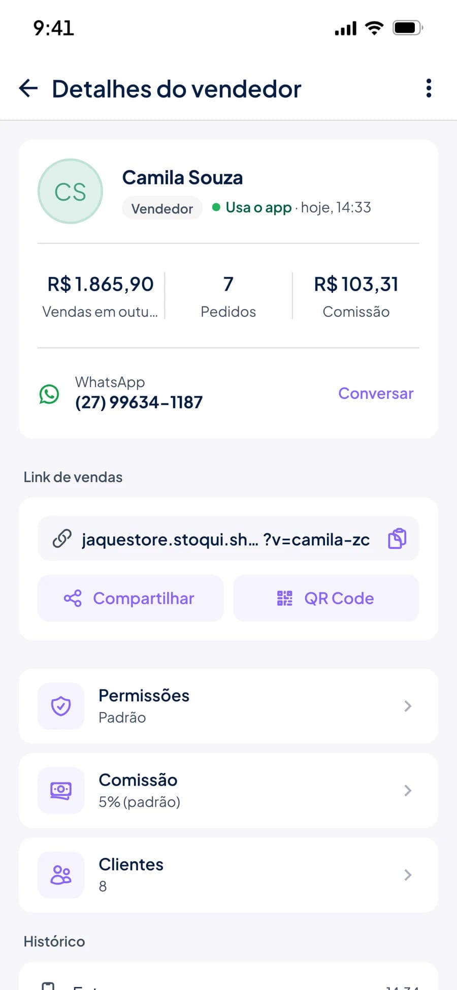 Detalhes da vendedora Camila Souza no Stoqui, com vendas do mês, pedidos, comissão e o link de vendas dela