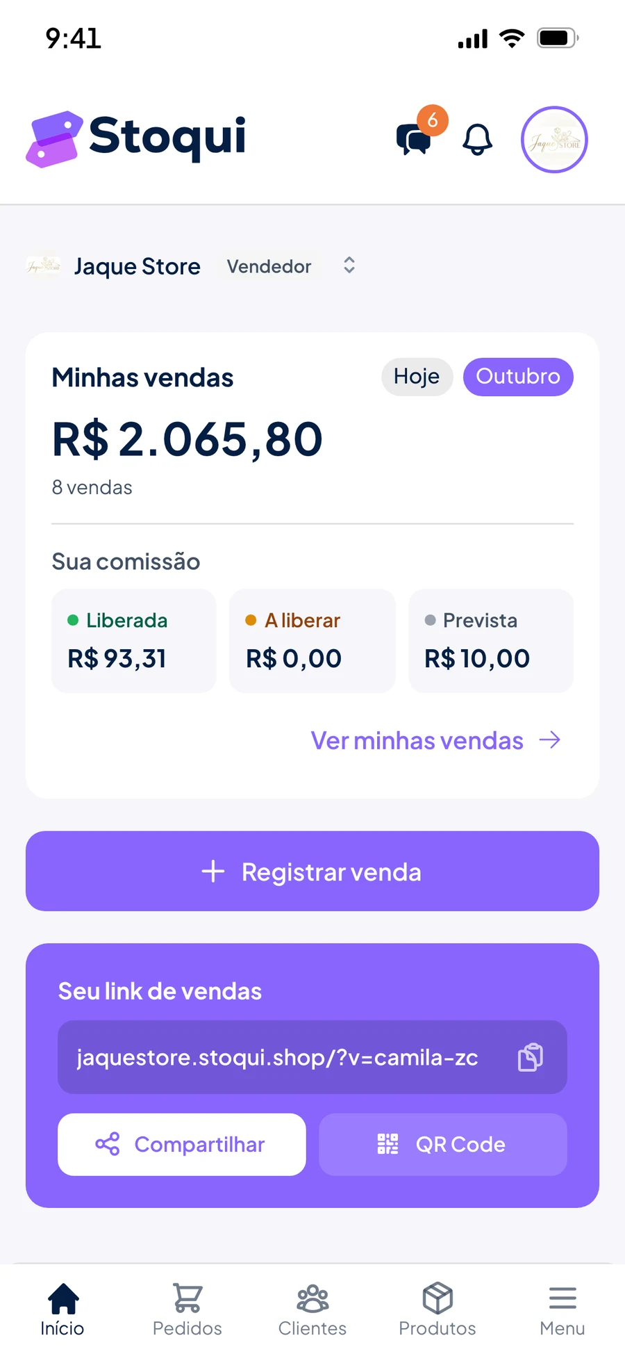 Início da vendedora no Stoqui com Minhas vendas, a comissão liberada, a liberar e prevista, o botão Registrar venda e o link de vendas