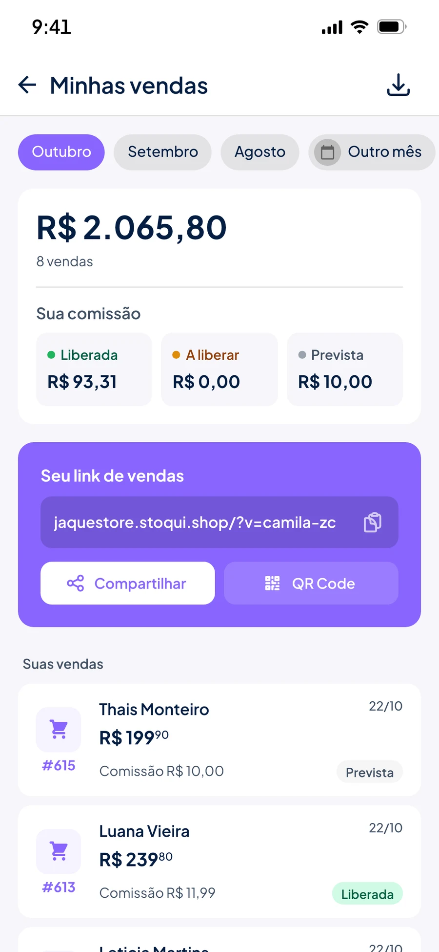 Minhas vendas da vendedora no Stoqui com o total do mês, a comissão, o link de vendas e a lista de vendas com a comissão de cada uma