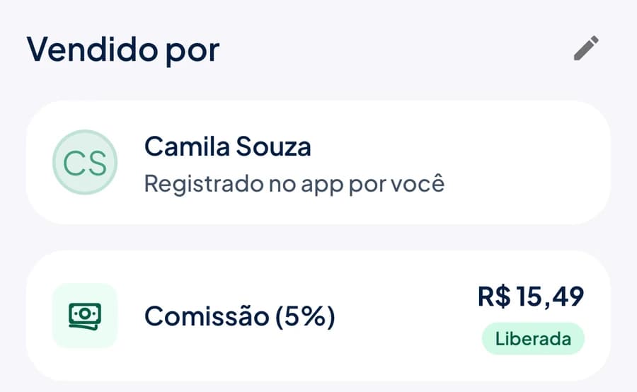 Pedido no Stoqui com Vendido por Camila Souza e a comissão de 5% daquela venda