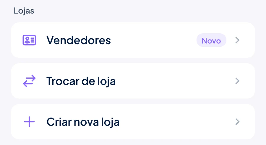 Seção Lojas do perfil no Stoqui com Vendedores, Trocar de loja e Criar nova loja