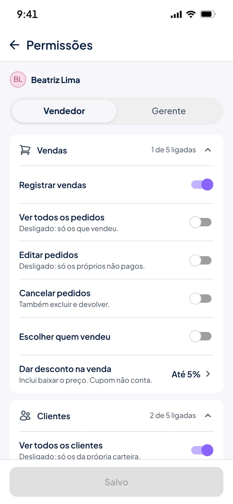 Permissões da vendedora Beatriz Lima no Stoqui: registrar vendas, ver todos os pedidos, editar e cancelar pedidos, escolher quem vendeu e desconto até 5%