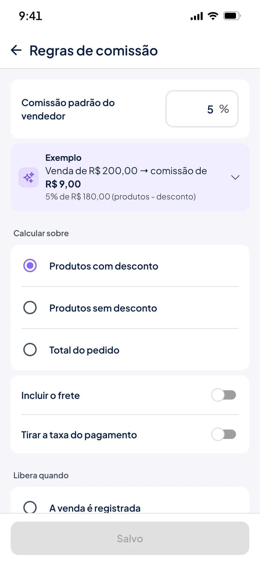 Regras de comissão do Stoqui: comissão padrão de 5%, exemplo do cálculo e a escolha de calcular sobre produtos com desconto, sem desconto ou total do pedido