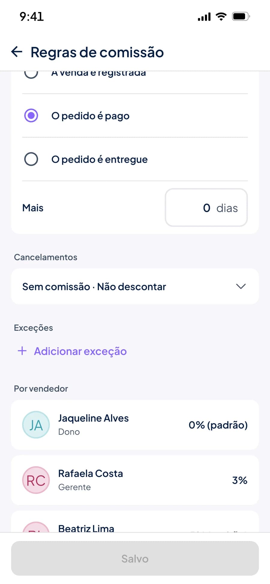 Regras de comissão do Stoqui: libera quando o pedido é pago, mais dias, cancelamentos, exceções e a comissão de cada vendedor