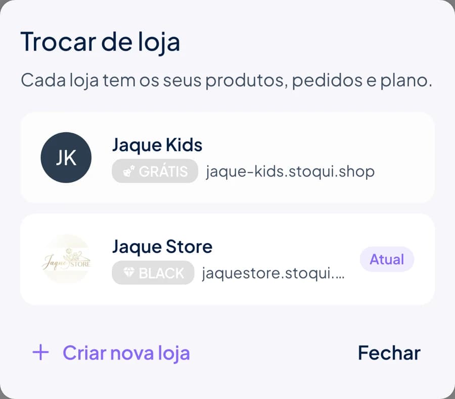 Janela Trocar de loja do Stoqui com a Jaque Kids no plano Grátis e a Jaque Store no plano Black, e a opção Criar nova loja